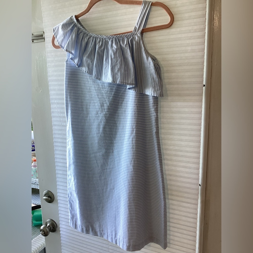 Maggie Breen Girls Size 12 Blue & White Stripe Ruffle Collar Off Shoulder Dress
